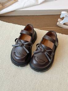 Girls' Flat Shoes With Bow Tie, British Style Leather Shoes - Brown - View 2