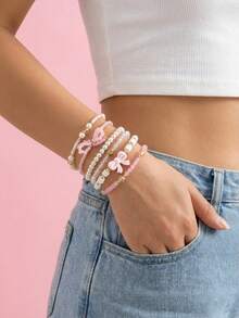 6pcs Glass Bead & Faux Pearl Soft Clay Handmade Stacking Bracelets, Pink Series Cute Sexy Versatile Holiday Y2K Bow Heart Bracelet Set