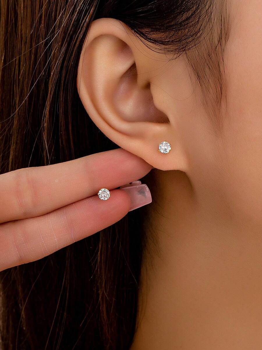 1对女士优雅小巧闪亮水晶不锈钢耳钉 - 金色 - 查看 1