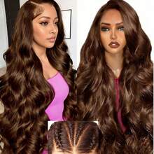 13x4/13x6 高清蕾丝前假发，真人发混纺，自然波浪卷，34英寸 - 200%高密度无胶假发，预先拔毛和修剪，自然发际线和婴儿发，无需胶水即可佩戴 - 棕色 - 查看 5