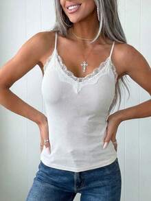 ChicMe Women Built-In Bra Cami Top V-Neck Spaghetti Straps Lace Spliced Ribbed Slim Fit Tank Shirt Daily Casual Wear - Beige - View 9