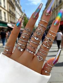 28pcs Gold Tone Stacking Rings Set - Heart, Star, Rhinestone, Wave Designs, Suitable For Women Everyday Jewelry Wear - 28-piece Set - View 8