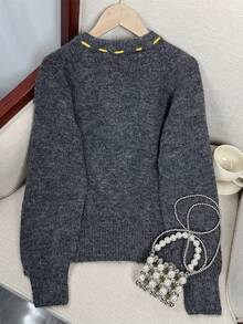 可爱柔软圆领针织开衫，2025春季新款休闲宽松毛衣 - 深灰色 - 查看 8