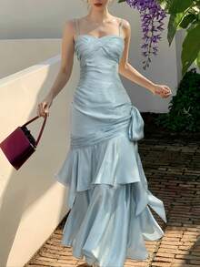 Shiny Ruched Ruffled Hem Party Dress, Elegant Iridescent Spaghetti Strap Concert Outfit, Fashionable Wedding Bridesmaid Formal Birthday Back To School Dress, Summer Autumn - Baby Blue - View 2