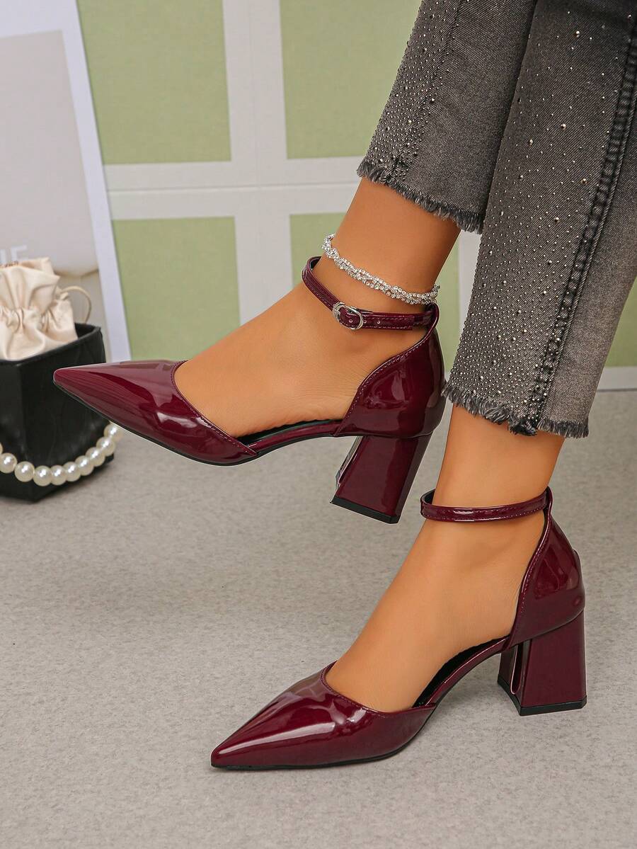 女士纯色西部风格优雅性感搭扣尖头粗跟办公凉鞋 - 酒紅色 - 查看 1