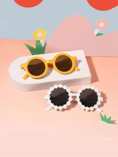 1set 2pcs Boys And Girls 3-8Y Polycarbonate Round Flower Frame Cartoon Style Cute Vintage Personalized Fashion Glasses, Suitable For Outdoor Travel Festival Party, With Glasses Box