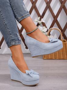 1 par de zapatos de plataforma y cuña con lazo decorativo para mujer, adecuados para salidas, ir al trabajo y fiestas - Azul - Ver 3