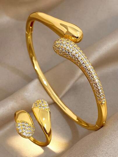 18K Gold Plated Luxury Elegant Zirconia Bangle Bracelet Ring Set, Women's Vintage Jewelry, For Valentines, Party, Gala, Daily, New Years, Wedding, Beach, Christmas Anniversary, Mom Gift Boho Jewelry Birthday Bridesmaid Gift
