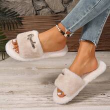 Nuevas pantuflas de mujer de peluche, pantuflas de casa de deslizamiento de otoño/invierno con bordado floral de piel de conejo sintética, pantuflas cálidas de mujer - Beis - Ver 3
