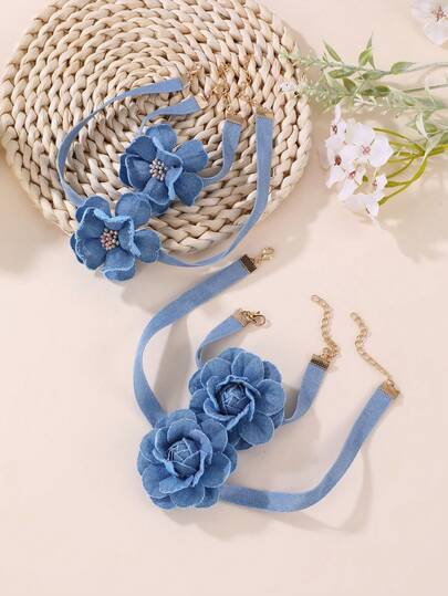 2件/4件套女孩蓝色花卉休闲项链手链套装，适合日常装饰