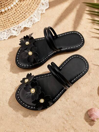 1 Pair Of Girls' Black Imitation Leather Breathable Double Straps With Exposed Toes, Low Top, Flat Bottom, And Cool In Summer, Cool And Wind-Driven Mop For Daily School/Family Gatherings