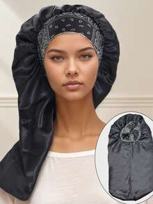 1pc Printed Silk Long Bonnets For Women,Satin Bonnet,Casual Comfortable Soft Sleep Cap Or Hart.Suitable For Sleeping.(The Print Pattern Is Random.) - Long Bonnet - Multi-colored - View 11