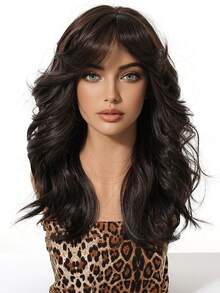 Elegant Curly Wave Mocha Brown Wig For Women, 100% Tang Long Fiber, Medium Length With Bangs, Scalp Simulation, 150% Density, Flexible Rose Net Cap, Heat Resistant, Versatile Styling Options - Mocha Brown - View 5