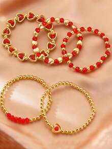 一套5件波西米亚风树脂心形水晶串珠手链，适合日常佩戴和节日佩戴，女士礼物 - 5條手鍊套裝 - 查看 8