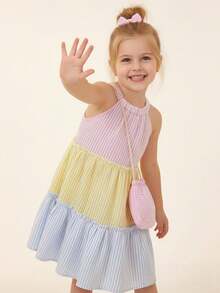 Young Girls Plaid Splicing Ruffle Trim Cute Vacation Halter Dress With Matching Crossbody Bag, Spring/Summer - Pink - View 8