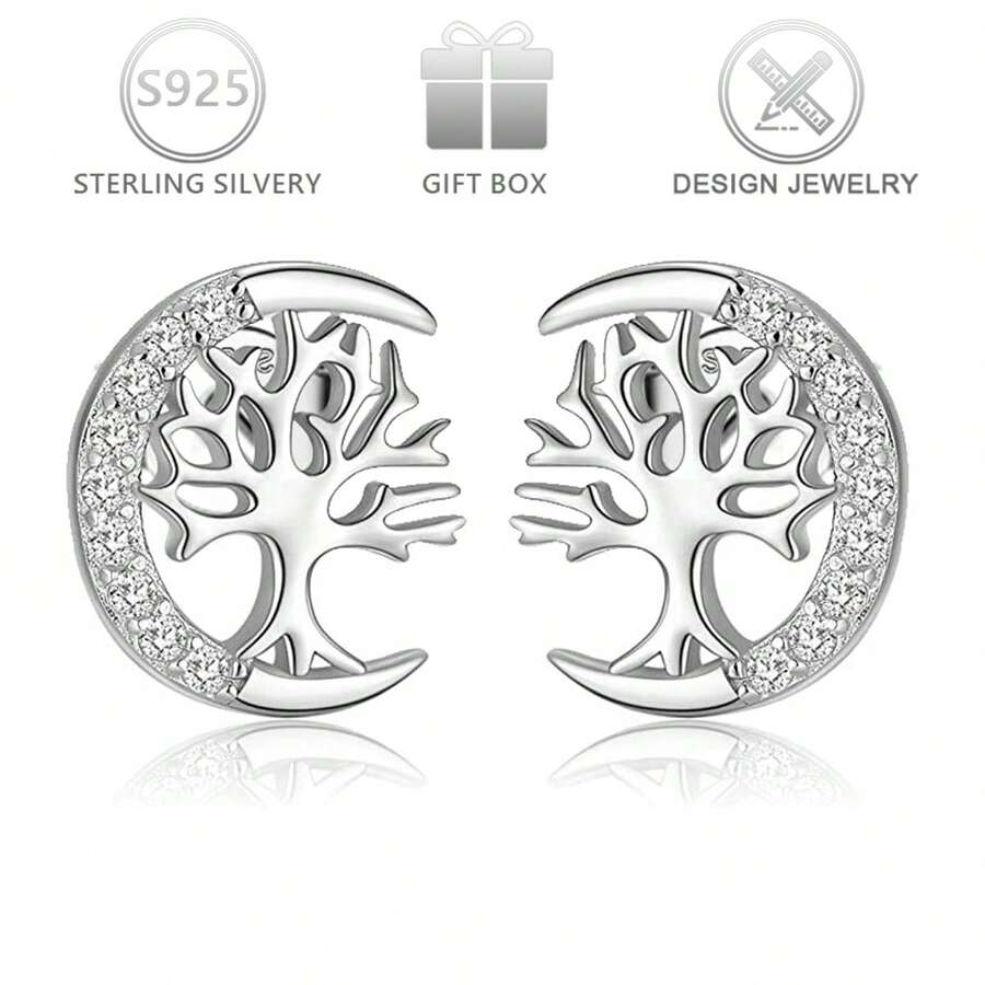1 Pair 925 Sterling Silver Minimalist Elegant Cubic Zirconia Moon & Tree Of Life Design Stud Earrings, Suitable For Daily Casual, Vacation, Wedding, Holiday, Birthday, Valentine's Day Gift - Silver - View 1