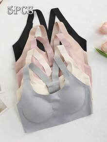 5pcs Women'S Full Coverage Wire-Free Bra Set - Shock-Absorbing Y-Strap Lift & Support, Removable Pads, Seamless Pullover For Gym, Running, Daily Wear-Medium Support, Breathable Underwear- Machine Washable Comfort, Bras For Women, Lingerie For Women - 彩色 - 查看 1
