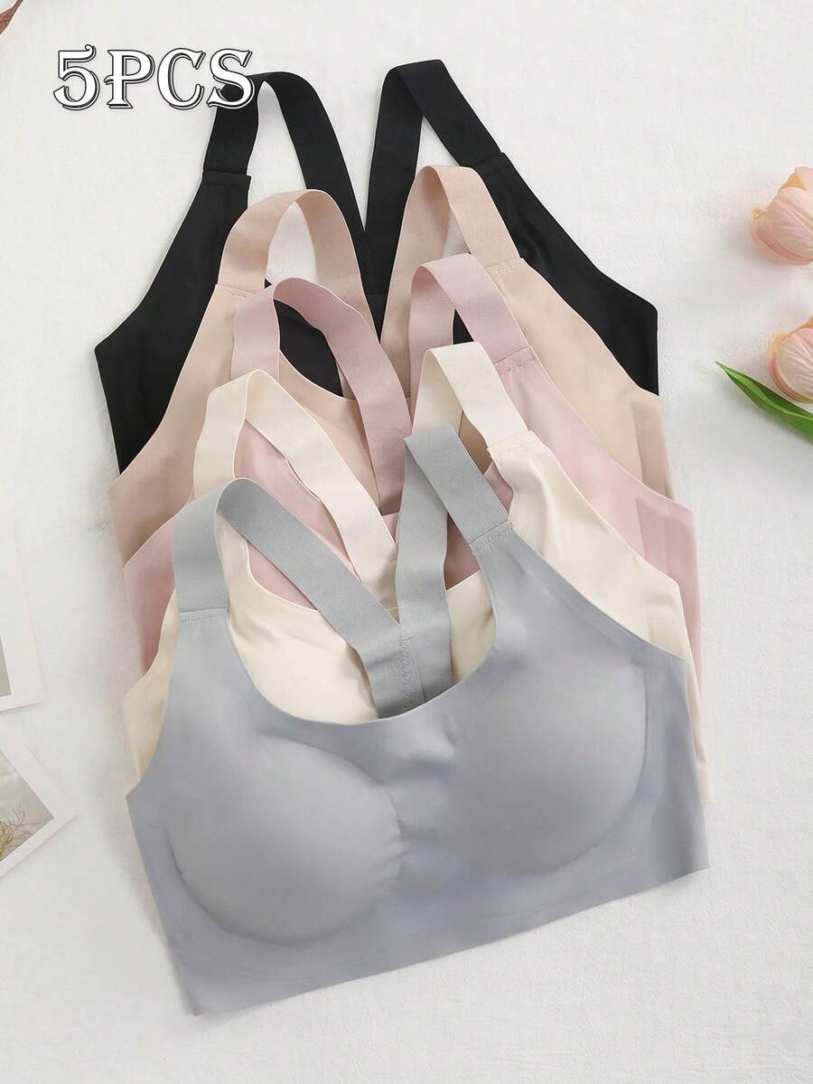 5pcs Women'S Full Coverage Wire-Free Bra Set - Shock-Absorbing Y-Strap Lift & Support, Removable Pads, Seamless Pullover For Gym, Running, Daily Wear-Medium Support, Breathable Underwear- Machine Washable Comfort, Bras For Women, Lingerie For Women - 彩色 - 查看 1