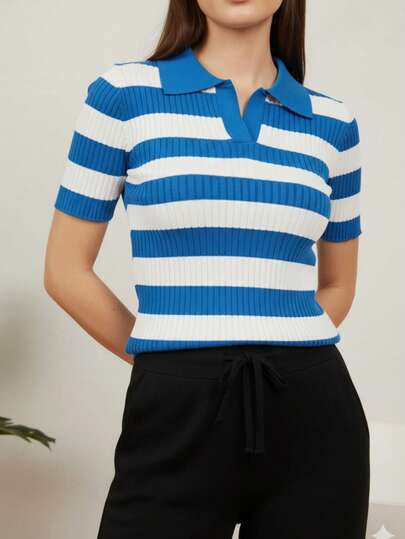 Polo T-shirt femme casual à côtes rayées, coupe régulière, manches courtes, tissu très extensible