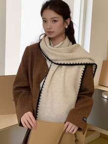 1pc Women's Fashionable Scarf, Soft Wax Wool Knitted Warm Thick Fleece Scarf, Suitable For Student Dresses In Winter - Black and White - View 6