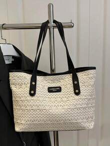 1pc Black Nylon Smooth Zipper Rivet Hollow Design Fashion Versatile Casual Summer New Personality Large Capacity One Shoulder Tote Bag, Suitable For Women's Daily Use - Black - View 10