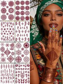 8 Sheets Of Complex Mandala And Geometric Pattern Temporary Tattoo Stickers - Elegant Brown Ink Body Art Stickers With Floral, Diamond, And Decorative Patterns, Waterproof Self-Adhesive Tattoos, Suitable For Adults And Teenagers, Perfect For Festivals, Parties, Beach Days, And Bohemian Daily Styling, Multiple Design Sets(8pcs/4pcs) - Brown - View 2