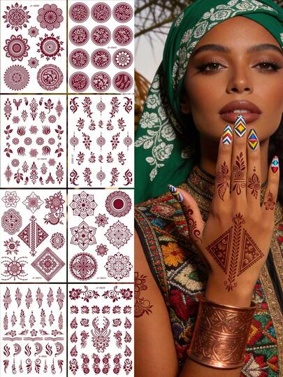 8 Sheets Of Complex Mandala And Geometric Pattern Temporary Tattoo Stickers - Elegant Brown Ink Body Art Stickers With Floral, Diamond, And Decorative Patterns, Waterproof Self-Adhesive Tattoos, Suitable For Adults And Teenagers, Perfect For Festivals, Parties, Beach Days, And Bohemian Daily Styling, Multiple Design Sets(8pcs/4pcs)