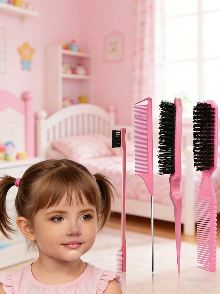 4 pezzi Set di spazzole e pettini per capelli per bambini, spazzola per arricciare con corona alta + pettine per trecce + pettine per sopracciglia, adatto per tutti i tipi di capelli, pettine per pulizia, pettine 2-in-1 per acconciature, pettine portatile a denti fini, strumenti multifunzione per lo styling dei capelli - Multicolore - Visualizzare 1