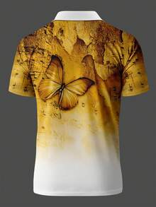 Men's Retro Music Note & Butterfly Print Short Sleeve Polo Shirt - Multicolor - View 3