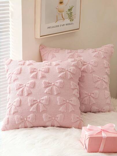 1 Conjunto Capa de Almofada Decorativa com Laço, Design Fofo de Laço Peludo, Macio e Fofinho, Adequado para Cama, Sofá, Decoração Doméstica, Primavera/Verão