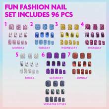 96 Pcs Glitter-Glamup And Metallic Press-On Nails Artificial Fake False Nails Set For Tweens With Pre-Glue Full Cover Acrylic Nail Tip Kit Great For Gifts Parties Sleepovers And Makeovers - Hồng - Xem 2