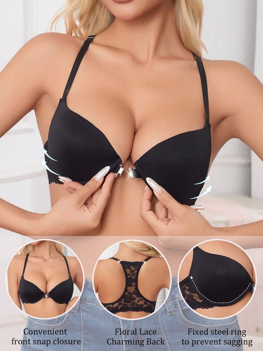 Women's Solid Color Comfortable Elegant Lace Patchwork Front Button Supportive Non-Sagging Backless Bra - Black - View 1