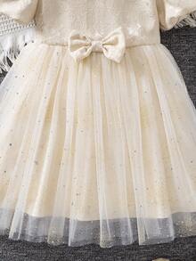 女童夏季时尚高端提花面料亮片网纱连衣裙，圆领泡泡袖甜美可爱公主裙 - 杏色 - 查看 7