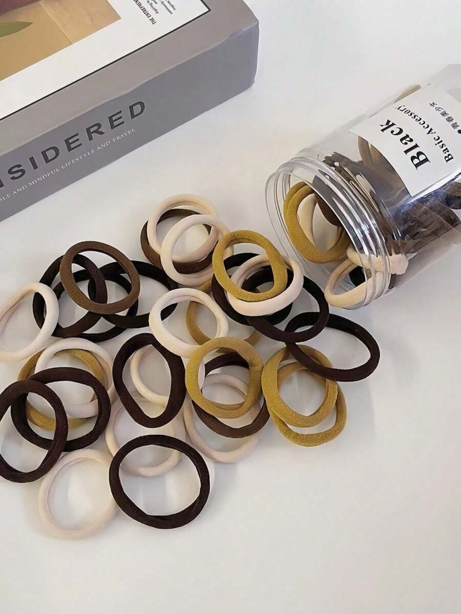 50个纯色休闲涤纶弹力发圈，基础款高弹力马尾发圈，四季皆宜，发圈，橡皮筋，发绳 - 彩色 - 查看 1