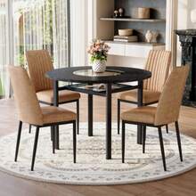 Modern Minimalist Round Table Set (With Integrated Storage Compartment And 4 Brown Dining Chairs Made Of High-Quality High-Tech Fabric), Round Table With A 100 Cm Diameter In Black Wood Look. - Khaki - View 6