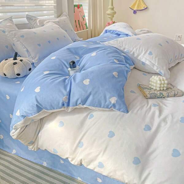 1 Piece Cute Blue Heart Print Duvet Cover Set, Reversible Pastel Yellow Bedding Set, Soft Breathable Microfiber Comforter Cover With Pillowcases For Girls Room Decor
