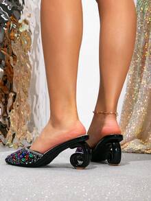 女士时尚高跟鞋，女士高跟凉鞋，不对称高跟凉鞋，在中东和欧洲流行，时尚尖头礼服高跟鞋，饰有闪亮水钻，新款6字形不对称高跟鞋，优雅性感轻便高跟穆勒凉鞋，适合婚礼、派对、性感场合、情人节，黑色高跟鞋 - 黑色 - 查看 8