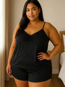 Conjunto de Baby Doll PLus Size em Poliéster Liso Short Feminino Adulto Conforto ao Dormir. - Multicolorido - Visão 6