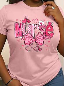 2026 Women's Nurse Letter Print Theme T-Shirt - Pink Nursing Top With Heart Pattern, Bowknot And Stethoscope Design - Breathable Round Neck Short Sleeve Suitable For Medical Staff In Spring, Summer And Autumn Casual Workwear - Machine Washable Nurse Clothing With Fun Nurse Text Print, Elastic Fabric And Logo Elements To Ensure Comfortable Casual Wear,Final Stock,Fan Favorite.,End Of Season,Final Stock,Fan Favorite.Washed T-Shirt,Valentine Outfits For Women,Spring,Summer Outfits For Women. - 粉紅色 - 查看 1