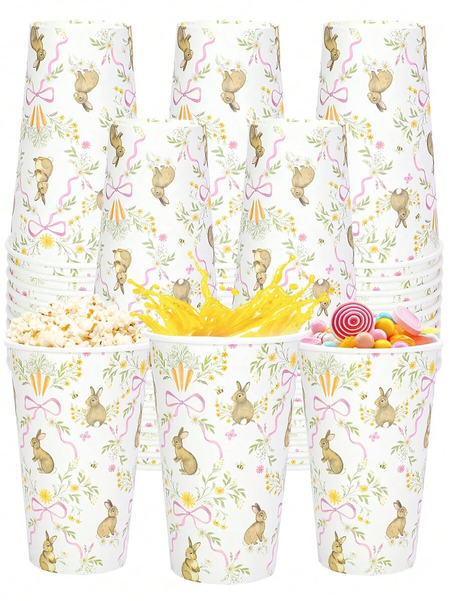 10pcs/30pcs/50pcs Spring Easter Disposable Coffee Cups Wildflower Pink Bow Paper Cup Pastel Bunny Rabbit Egg Floral Drinking Cups For Easter Spring Party Supplies - Multicolor - View 1