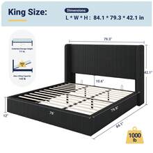 Allewie Full/Queen/King Size Lift-Up Storage Bed Frame With Modern Wingback Headboard, Corduroy Upholstered Platform Bed, Hydraulic Gas Lift Support, Underbed Storage, Wooden Slats, No Box Spring Needed, Black - 黑色 - 查看 11