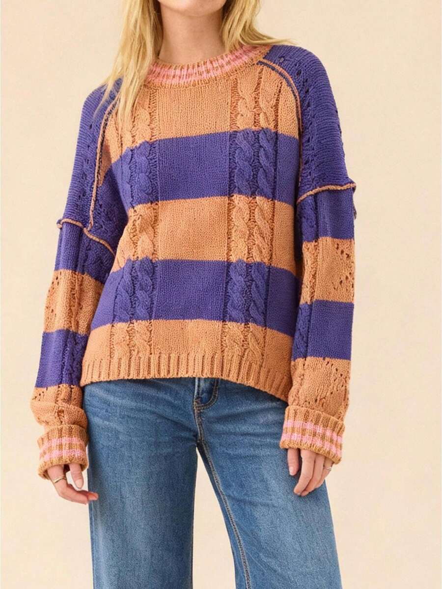 Womens Fall Winter Sweater Loose Fit Casual Contrast Color Ribbed Trim Crew Neck Long Sleeve Knit Tops - Purple - View 1