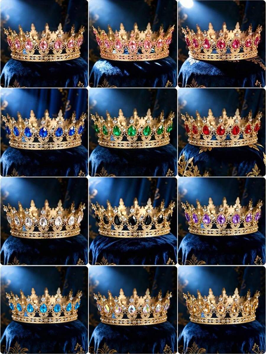 Vương miện tròn kiểu Baroque, vương miện đính đá sang trọng dành cho vua và hoàng hậu, thích hợp cho dạ hội, tiệc tùng, sinh nhật, quà tặng ngày Valentine, phụ kiện tóc cưới. - vương miện - Xem 1