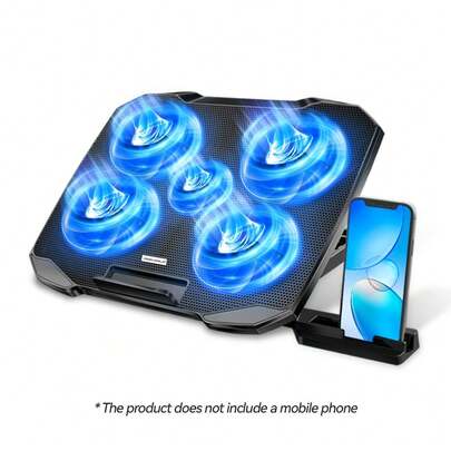 COOLCOLD حامل تبريد للكمبيوتر المحمول من 7 إلى 17 بوصة، مبرد كمبيوتر محمول، 5 مراوح هادئة، قابل للتعديل إلى 5 زوايا مع حامل للهاتف
