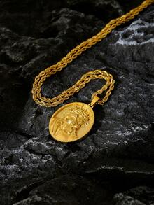 1pc Men's 18K Gold Plated Embossed Crown Of Thorns Jesus Head Oval Pendant Necklace, Christian Themed Stainless Steel Gold Plated Unisex Accessory, Suitable For Easter Service And Daily Wear For Christians - Gold - View 6