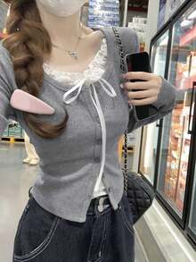 Áo thun dài tay cổ cao ôm dáng, phối ren, cài nút, thích hợp mặc mùa thu/đông, phong cách thường ngày. - Xám - Xem 3