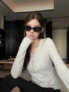 Atasan Camisole Slim Fit Leher V Motif Polkadot Kasual Gaya Korea untuk Wanita, Cocok untuk Musim Semi dan Musim Panas - Aprikot - View 5
