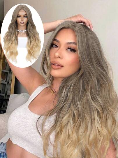 Long Ombre Blonde Wavy Wig 28 Inch Blonde Wig Middle Distribution Seame Curly Wavy Wig With Hightlight Blonde Hair For Women Natural Looking Synthetic Heat Resistant Fiber Wig For Daily Party Use (Ombre Blonde)