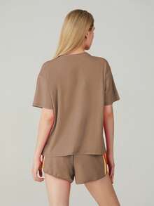 2 Piece Lounge Sets For Women Summer Rainbow Striped Tops Casual Shorts Color Blocked Suit Sweatshirts Set - Nâu nhạt - Xem 4