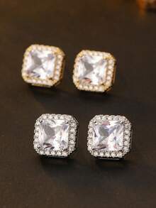 1 Pair Minimalist Cubic Zirconia Square Stud Earrings Gift Box Set, Dual Color Options, Suitable For Men & Women, Couples, Holiday & Birthday Gifts, Daily Wear - Affirmative Side - View 7